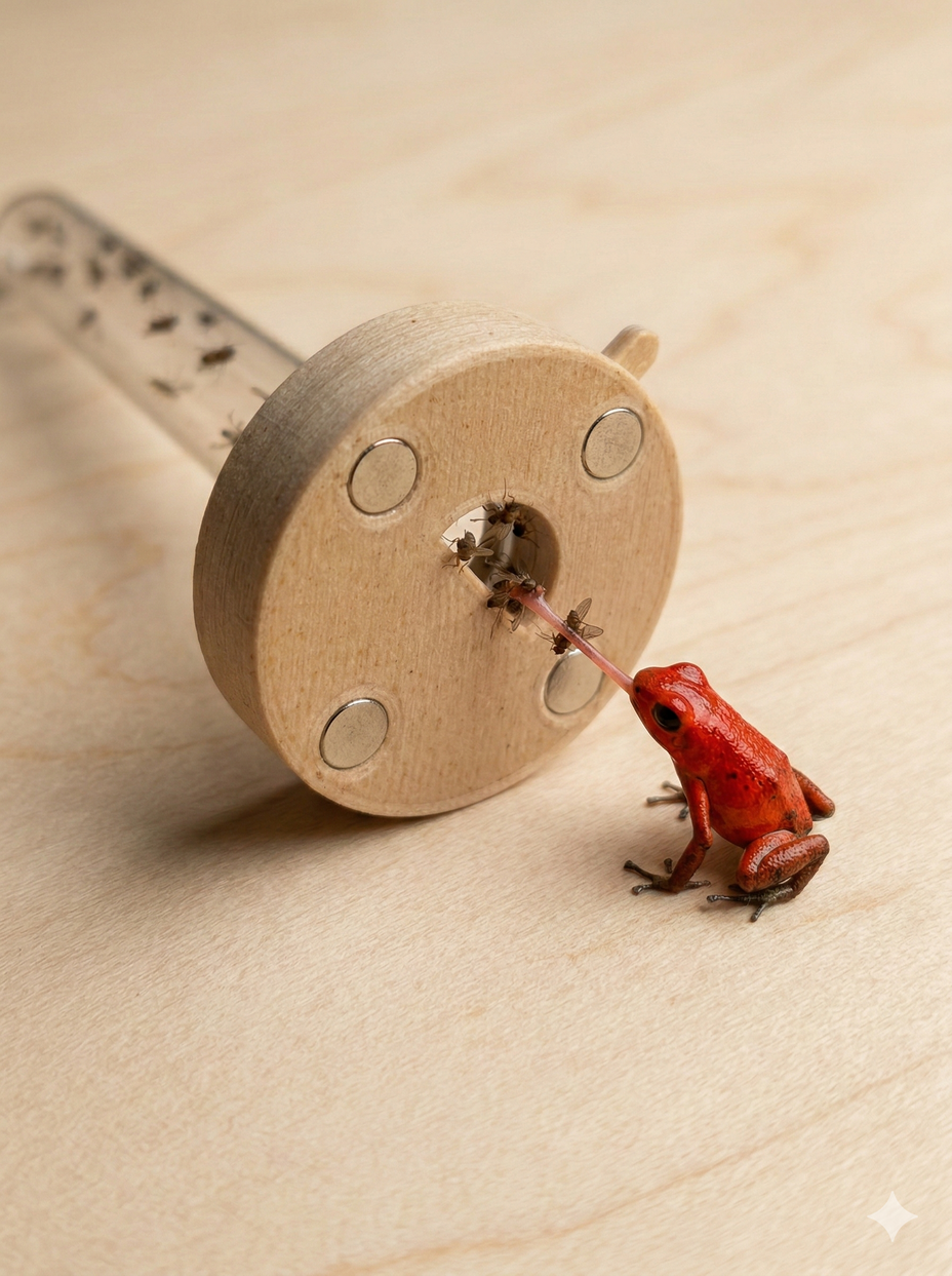 Detailaufnahme des DrosoLock-Röhrchens: Ein kleiner roter Pfeilgiftfrosch frisst die direkt herauskrabbelnden Fruchtfliegen