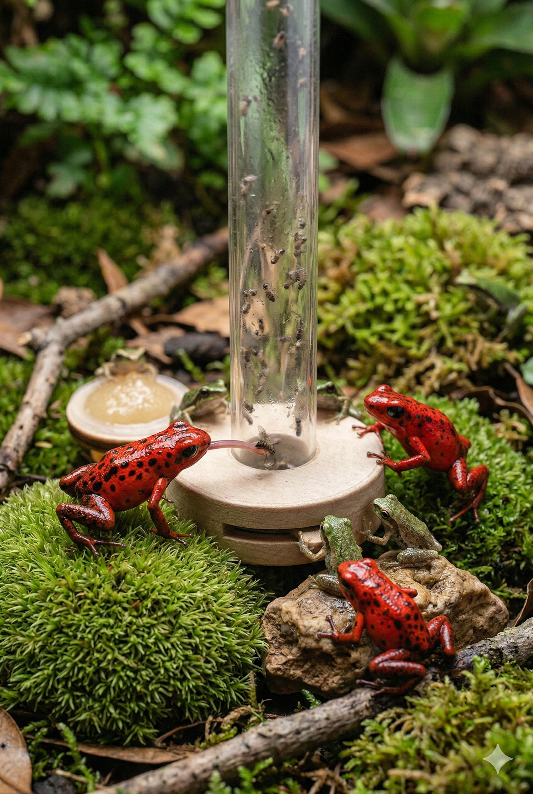 Kleine Pfeilgiftfrösche sitzen direkt am DrosoLock-Aufsatz.“ (Překlad: Malé pralesničky sedí přímo u nástavce DrosoLock.)