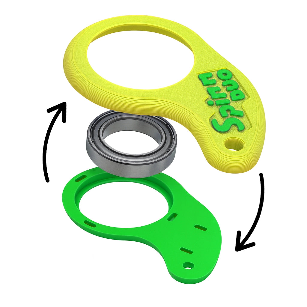 Exploded view of the SpinnDuo Citrus Shift dual-color fingertip spinner showing the Gear Lock System and locked bearing
