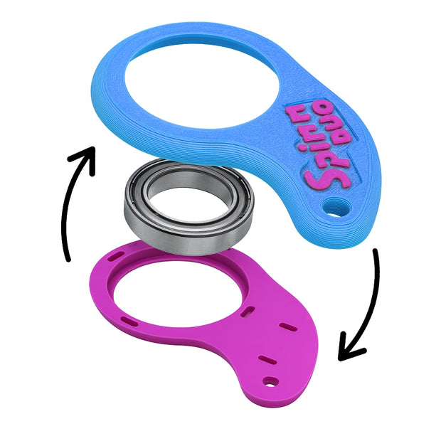 Exploded view of the SpinnDuo Cosmic Tide fingertip spinner showing the precision-fit Gear Lock System that secures the bearing in place
