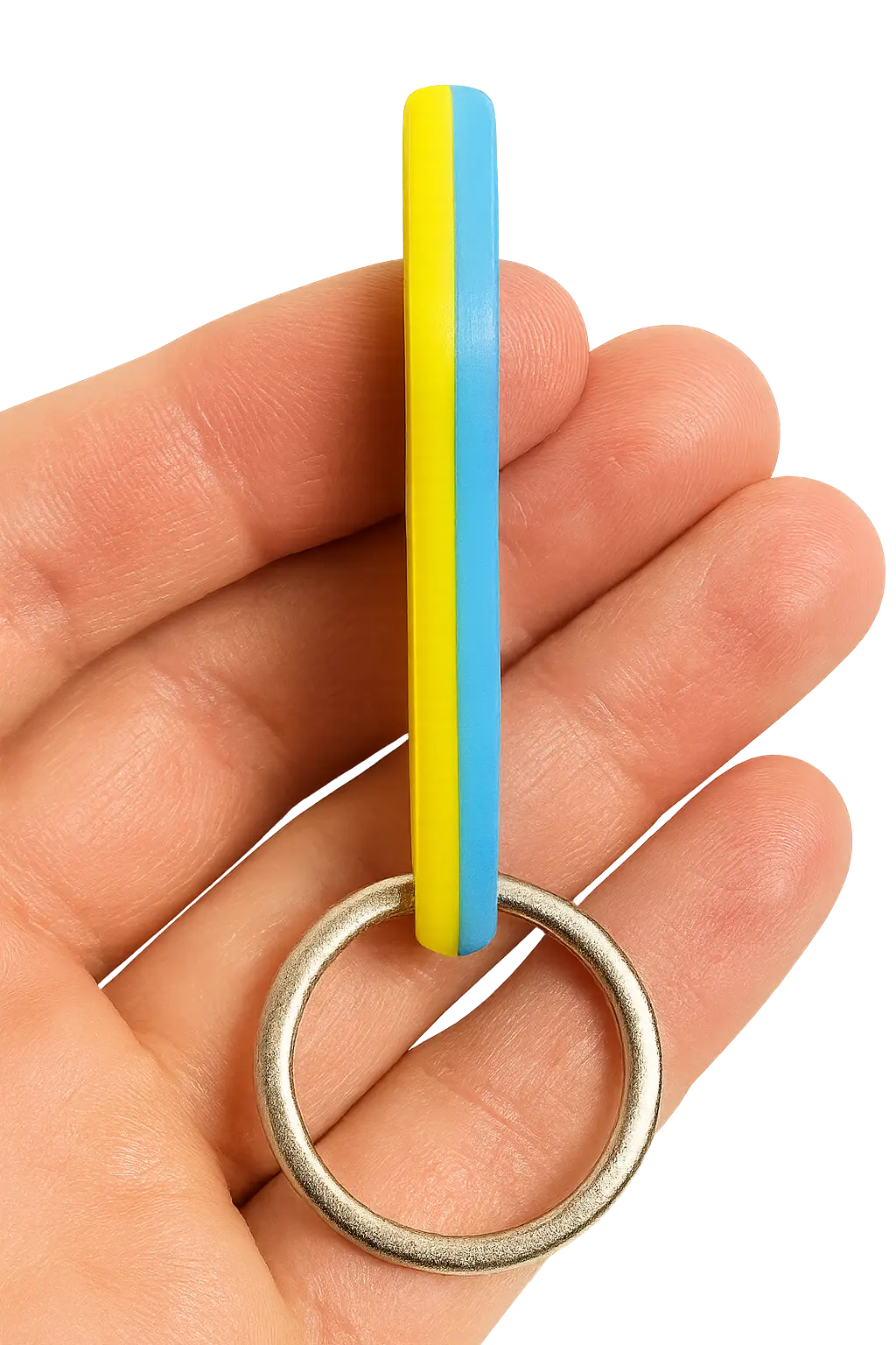 SpinnDuo dual-color fingertip spinner held in hand, showing smooth balanced rotation
