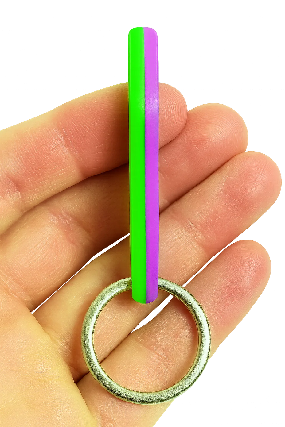 Side profile of the SpinnDuo dual-color fingertip spinner held between fingers, showing its slim design
