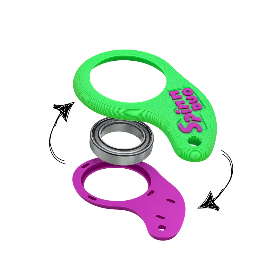 Exploded view of the SpinnDuo fingertip spinner showing the Gear Lock System with a securely locked bearing