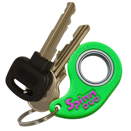 SpinnDuo Neon Bloom spinner attached to a keychain, showing its bright dual-tone style as an everyday personal accessory
