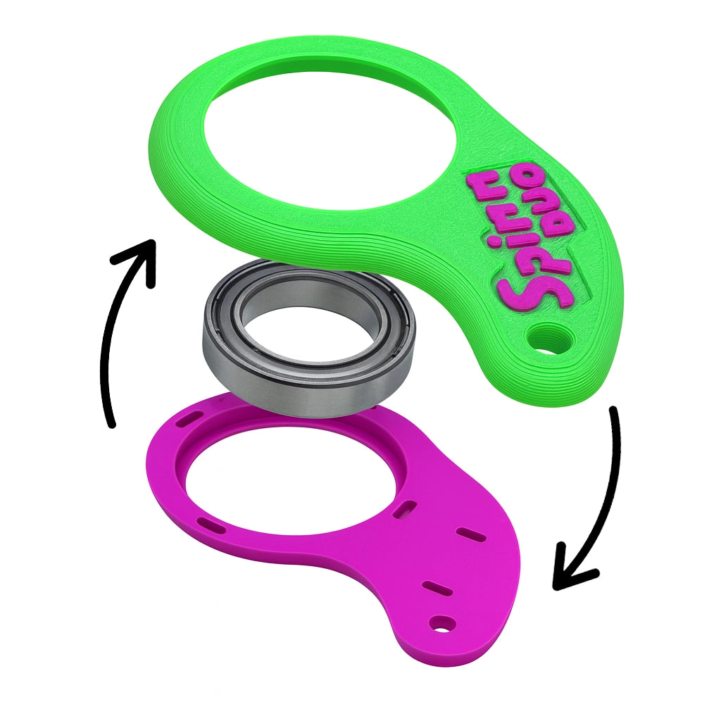 Exploded view of the SpinnDuo Neon Bloom fingertip spinner highlighting the precise alignment of the two-part Gear Lock housing around the bearing
